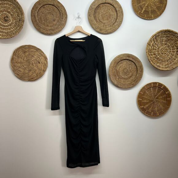 Abercrombie Black Cinched Ruched Cut Out Stretch Long Sleeve Midi Dress Small - Picture 2 of 8